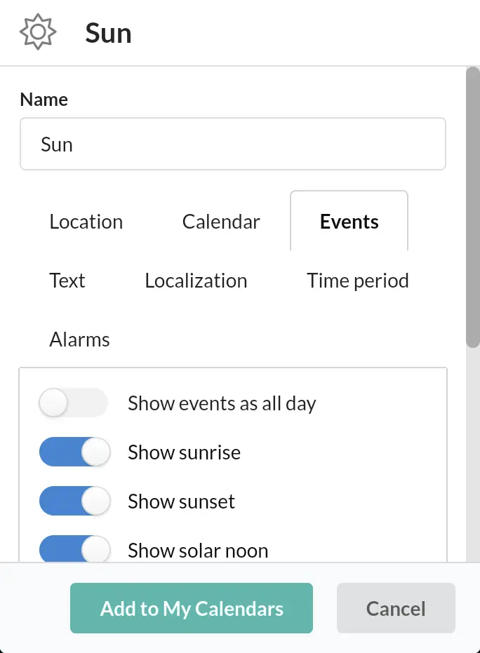 
Adjust calendar settings if needed.
Tap L&auml;gg till i Mina kalendrar.
