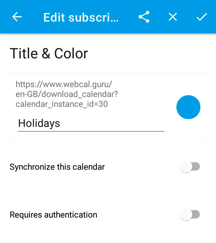 
Set Synchronize this calendar to OFF.
Tap .
