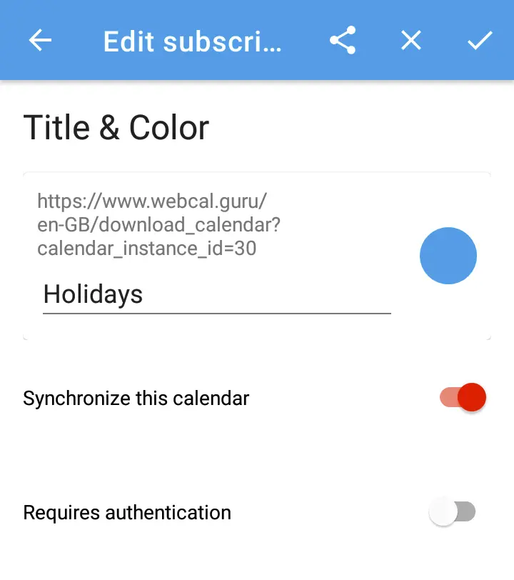 
Set Synchronize this calendar to ON.
Tap .
