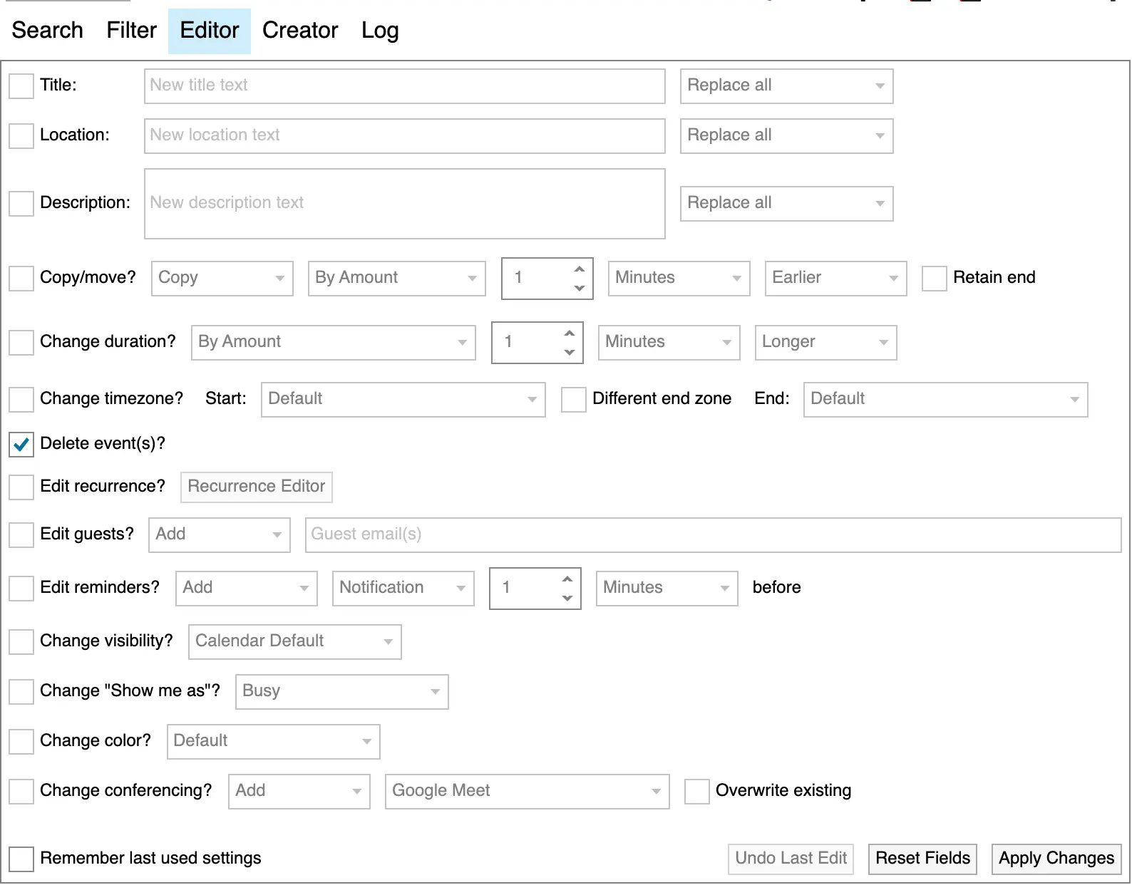 
Go to the Editor tab and click on the checkbox Delete event(s).
Make sure that only the events you wish to delete are selected on the list in the left. You will not be able to undo the deletion.
Finally, click Apply Changes
