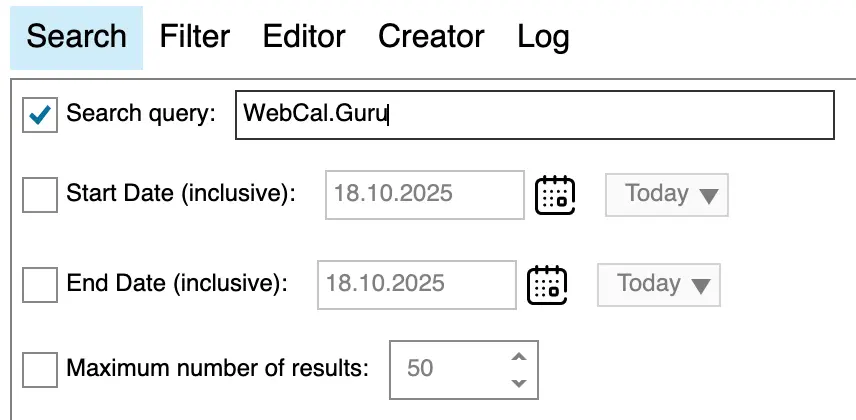 
Click the checkbox Search query and enter a text which appears only in the events you wish to delete. For example, &amp;quot;WebCal.Guru&amp;quot;.
Make sure Maximum number of results is not selected.
Click Get Events for Selected Calendar at the bottom right corner.
