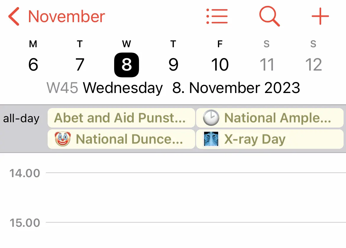 
Go to a day which has an event from the calendar you wish to remove. It can be either an all-day event or an event occurring at a specific tine.
Tap on that event to open it.

