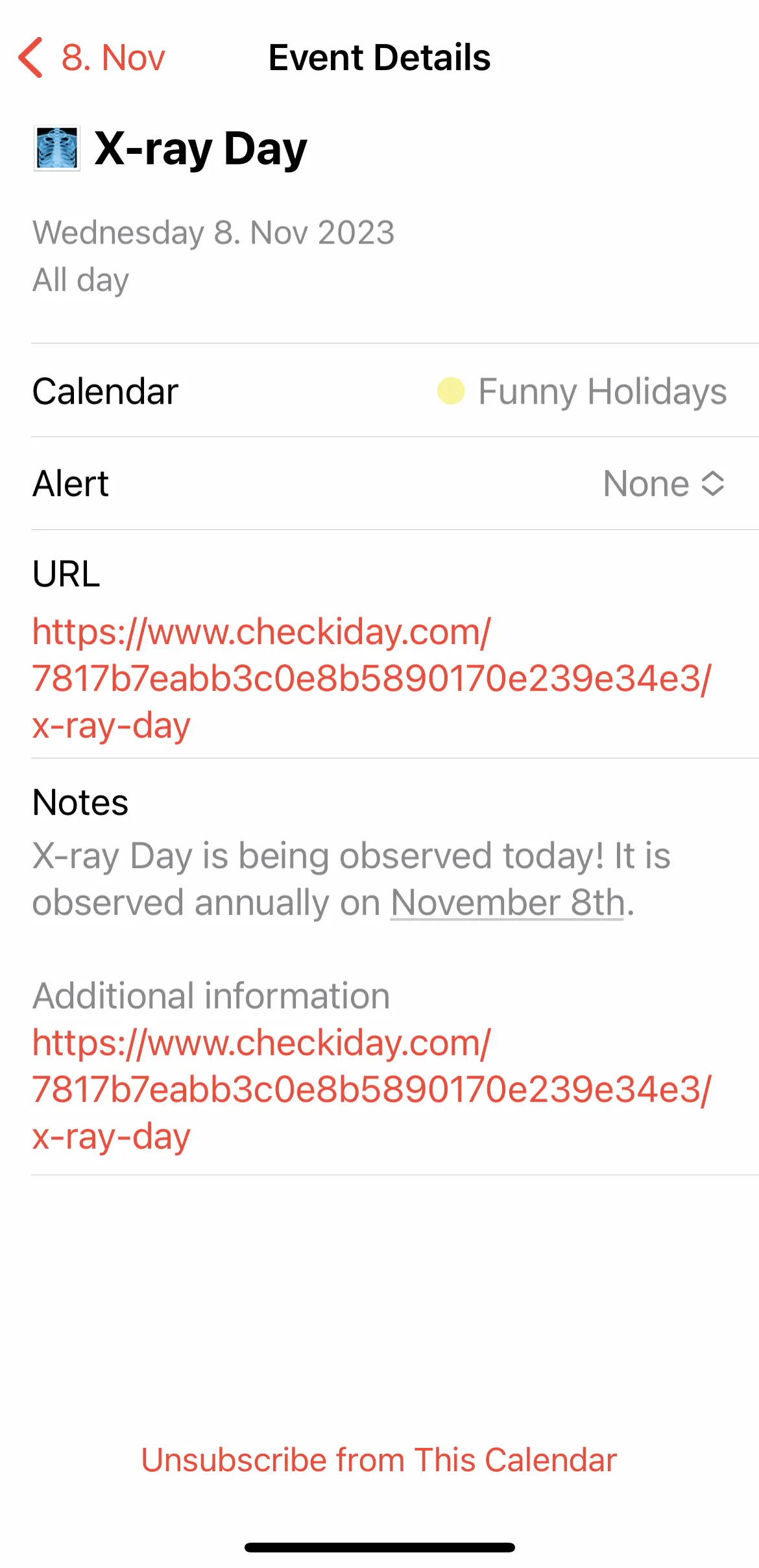 
Make sure that the event is indeed from the calendar you wish to remove. The calendar is shown beside the Calendar.
If it indeed is the correct one, tap Unsubscribe from This Calendar at the bottom of the screen.
