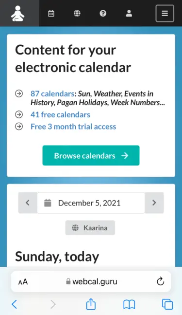 
Open the link https://www.webcal.guru/ on your iOS device. Note that it makes no difference which page you have open.
Tap on the icon at the bottom of the screen.
