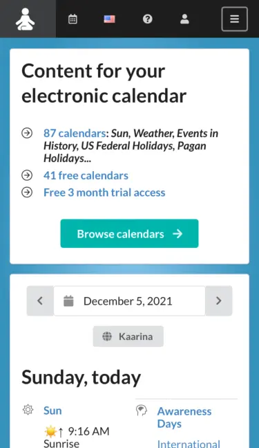 
When you tap on the icon, WebCal.Guru opens.
Note that when opened this way, the browser does not show the address and the other controls at the bottom of the screen.
