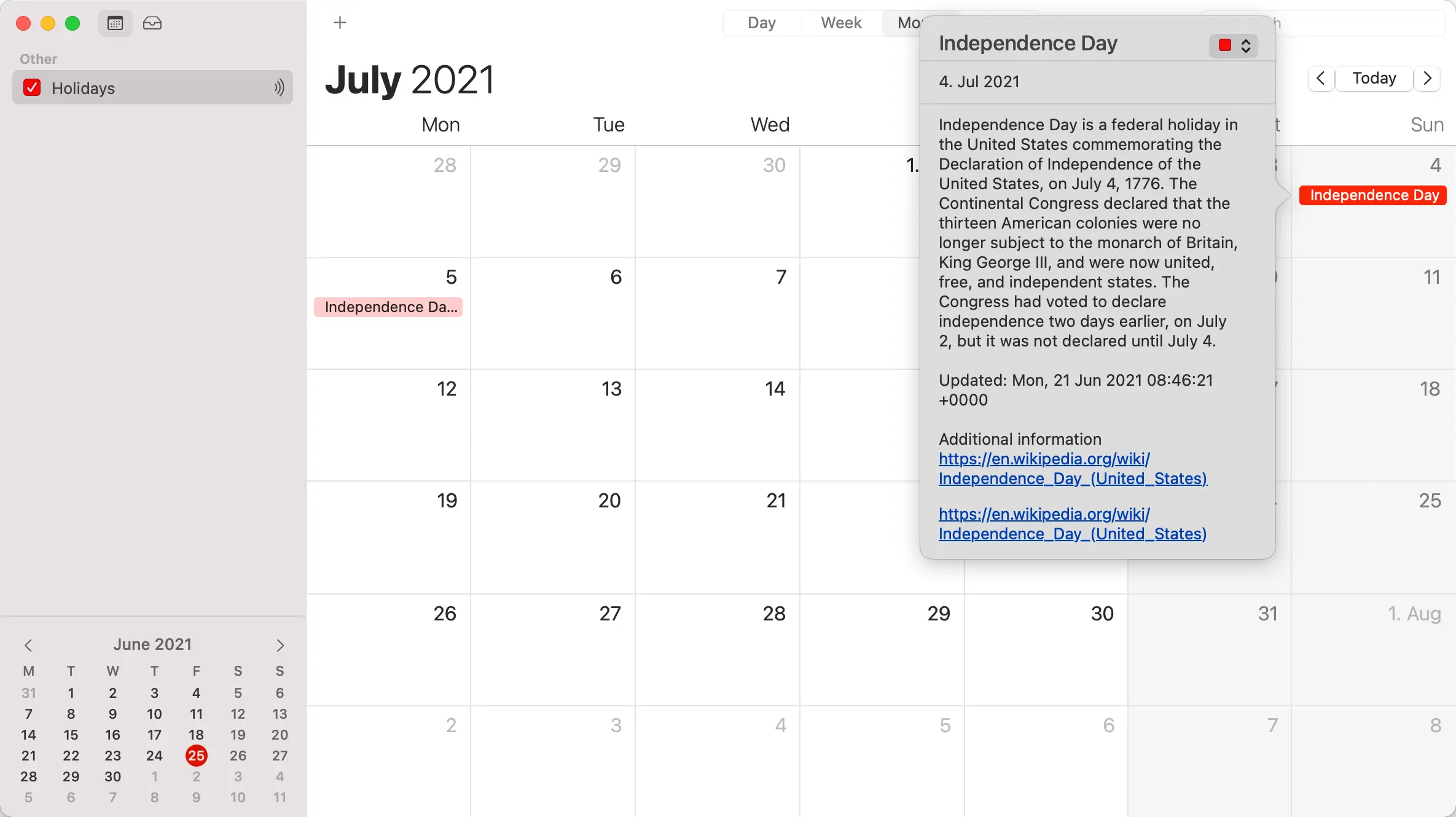 
Events from the new subscription are shown in your calendar. You may click on the event to open it and find additional information and a link to more details.
