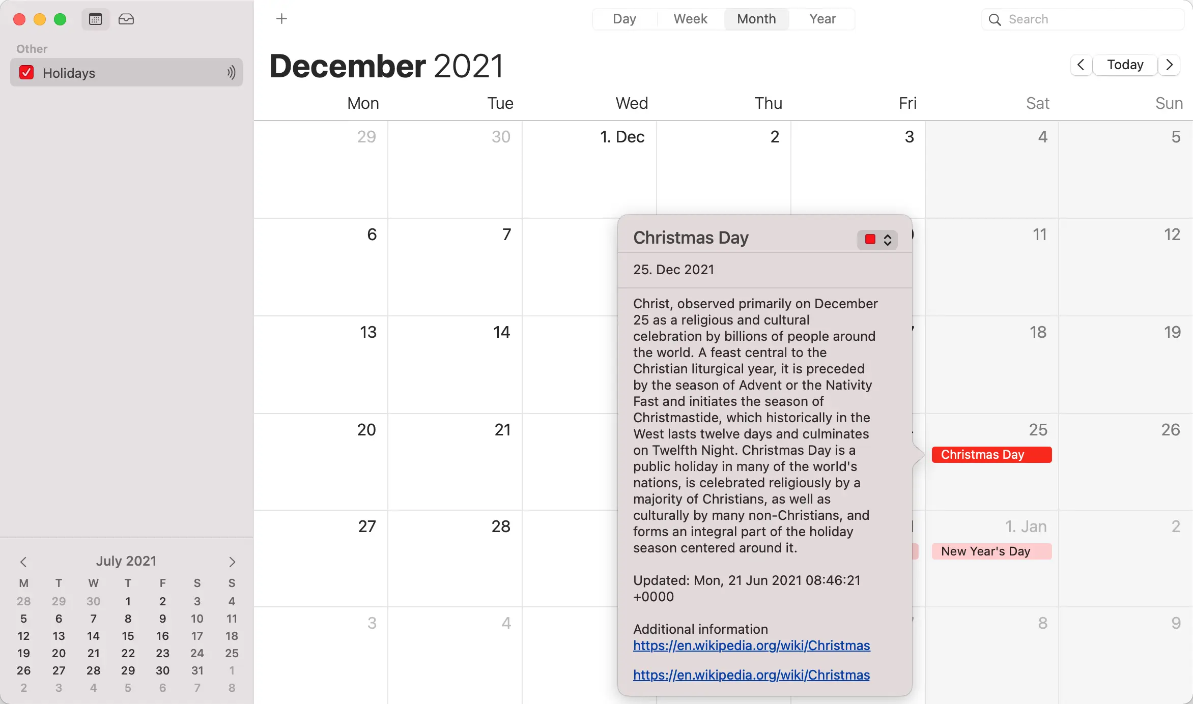 
Weeks and months go by.
The calendar application automatically downloads updated content and the calendar is always up-to-date.
