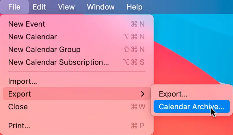 
Open the File menu and select Export  Calendar Archive....
