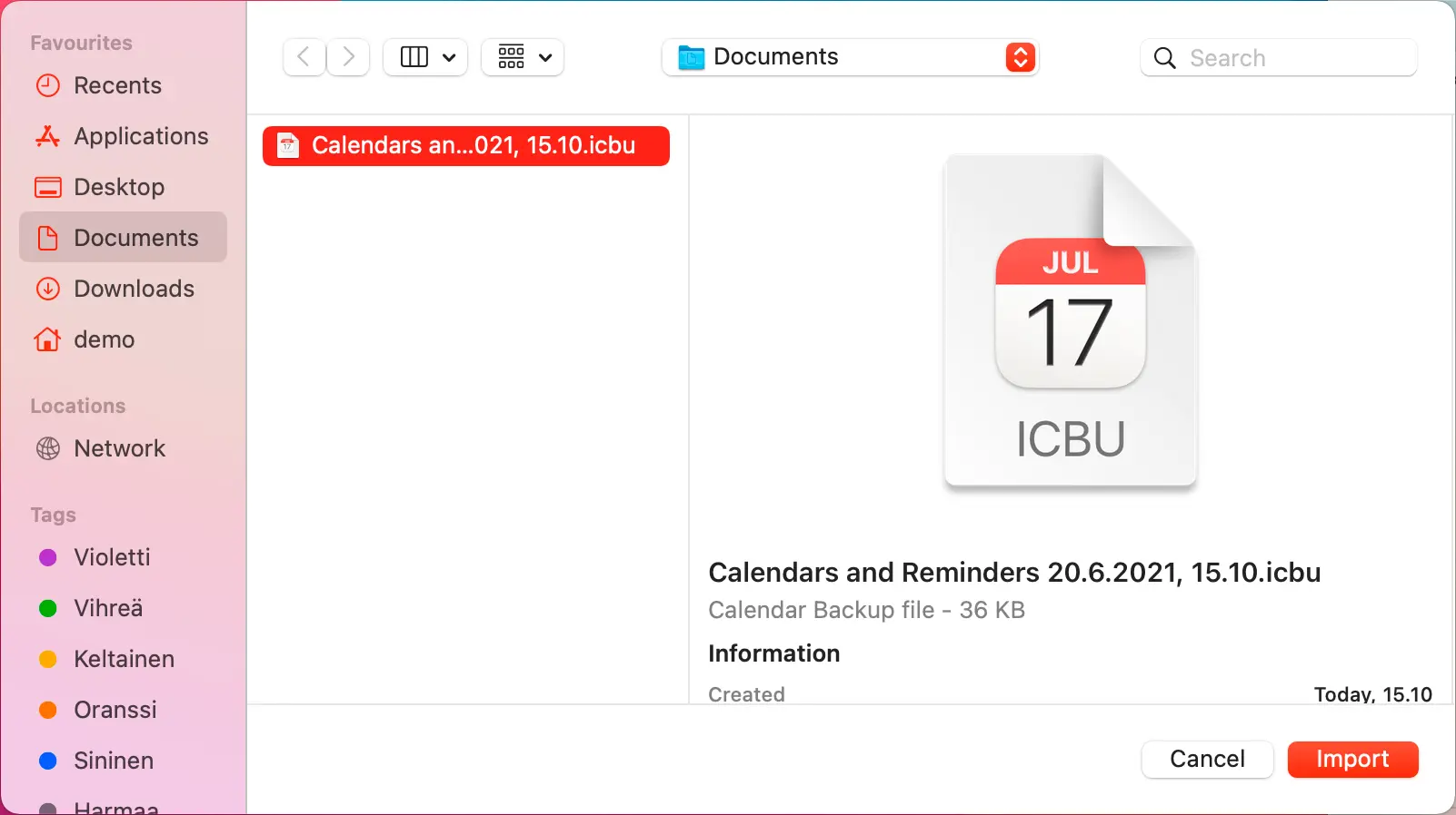 
Select the file you just exported. It should be pre-selected.
Click Import.

