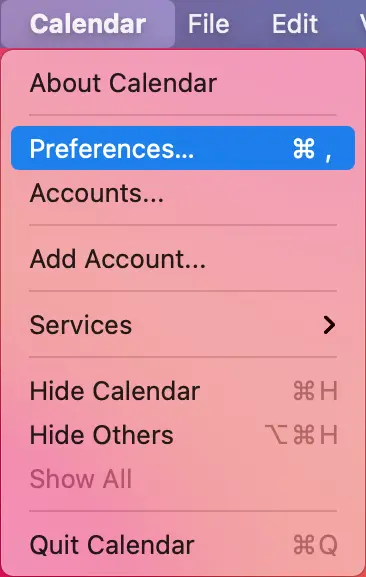 
Open the Calendar menu and select Preferences.
