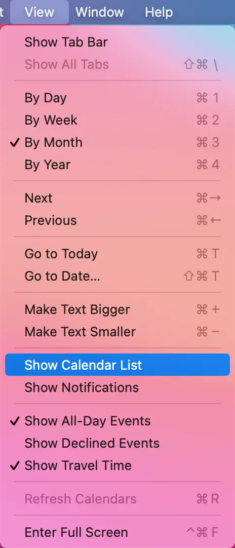 
If there is no calendar list on the left, select View Show Calendar List.
