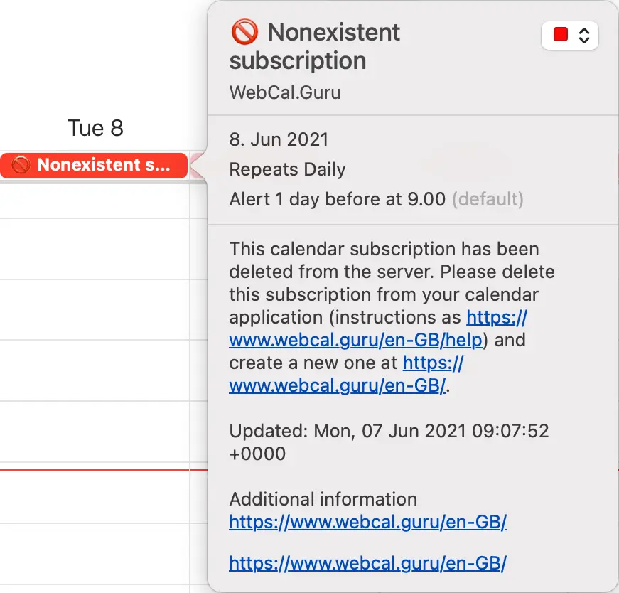 
The calendar subscription can only be deleted in your calendar application.
If you're unsure how to do that, please take a look at calendar deletion instructions for most common calendar applications. You may also send us email to V2pOV2VXUlZRak5hVjBwcVdWZDNkVm96Vm5sa1VUMDk=.
