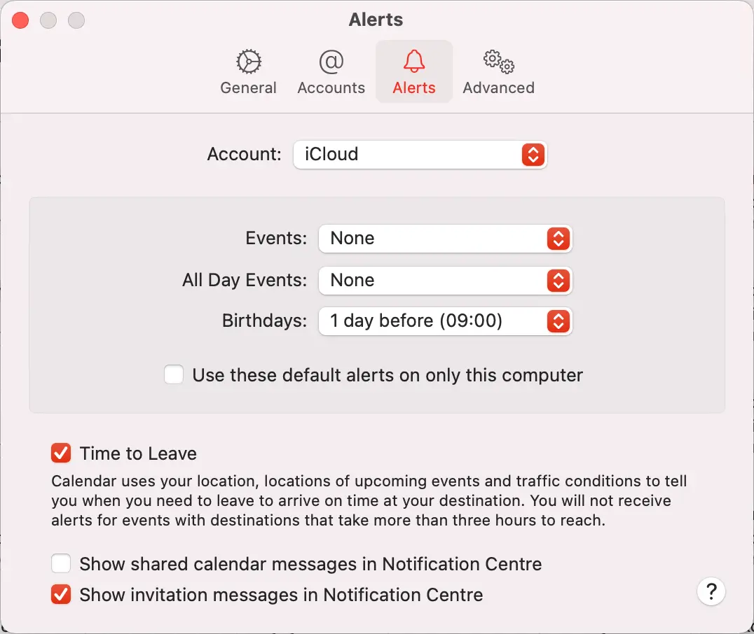 
Select the account where the subscribed calendars are (usually iCloud or On My Mac). It is possible, although unlikely, that you have subscriptions to multiple different accounts. In this case you must disable alarms for each one.
Make sure both Events and All Day Events are set to None.
