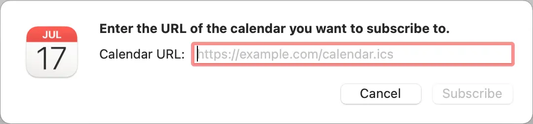 
Click the Calendar URL field and paste the calendar address from the clipboard.

