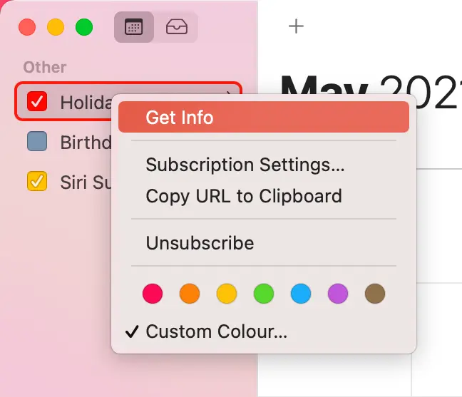 
Right-click on the calendar and select Get Info.
