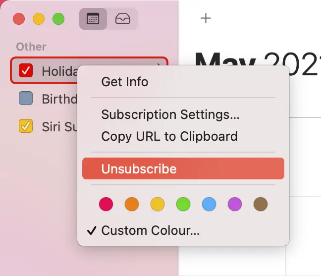 
Right-click on the calendar and select Unsubscribe.
You're done. If you had problems, please take a look at the next two steps.
