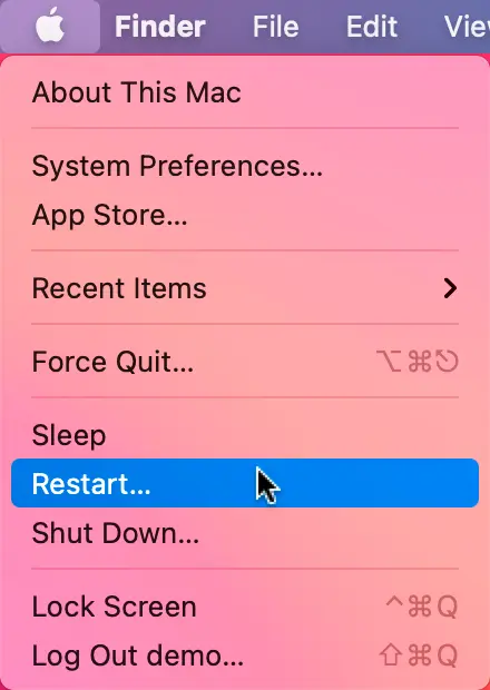 
Reboot the affected device.
To do this, open the  menu and select Restart&hellip;
After the Mac has rebooted, try to delete the calendar again. If the issue has not been fixed, please continue to the next step.
