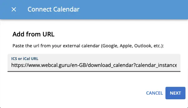 
Paste the calendar address to ICS or iCal URL.
Click Next.
