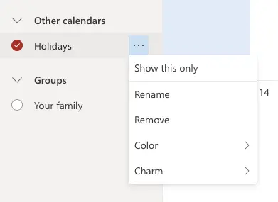 
Look at the left side of the window. You'll see a list of calendars.
If needed, click on  to expand the calendar list.
Click  and select Remove.
