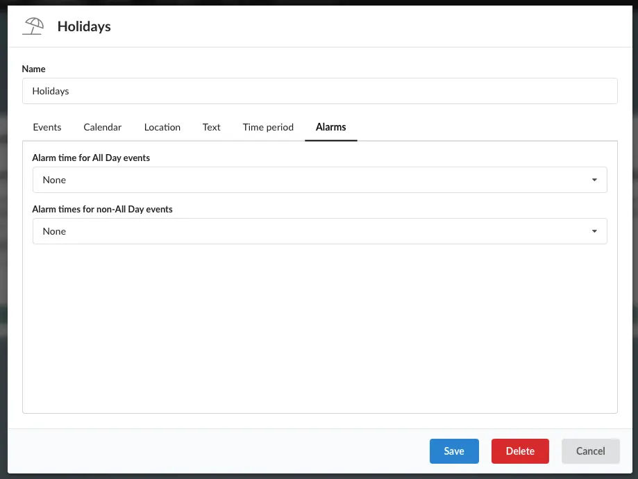 
Click the tab Alarmy and set both alarm settings to Žiadny.
Click Uložiť.
The new settings take effect the next time your application downloads the calendar data, usually within a couple days. You may also do it manually to receive the update right away.
