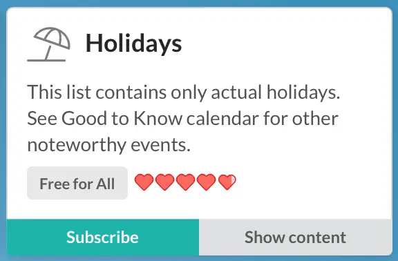 
On the Kalendar page, select a calendar you like.
Click Pilih.
If you are not logged in to WebCal.Guru, you will not be able to modify subscription settings and you will have significantly smaller selection of calendars. In this case, jump directly to Step 4.
