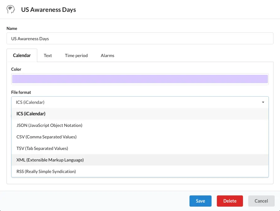 
First you need to create a calendar subscription.
Be sure to select a file format under the Kalend&aacute;r tab.
